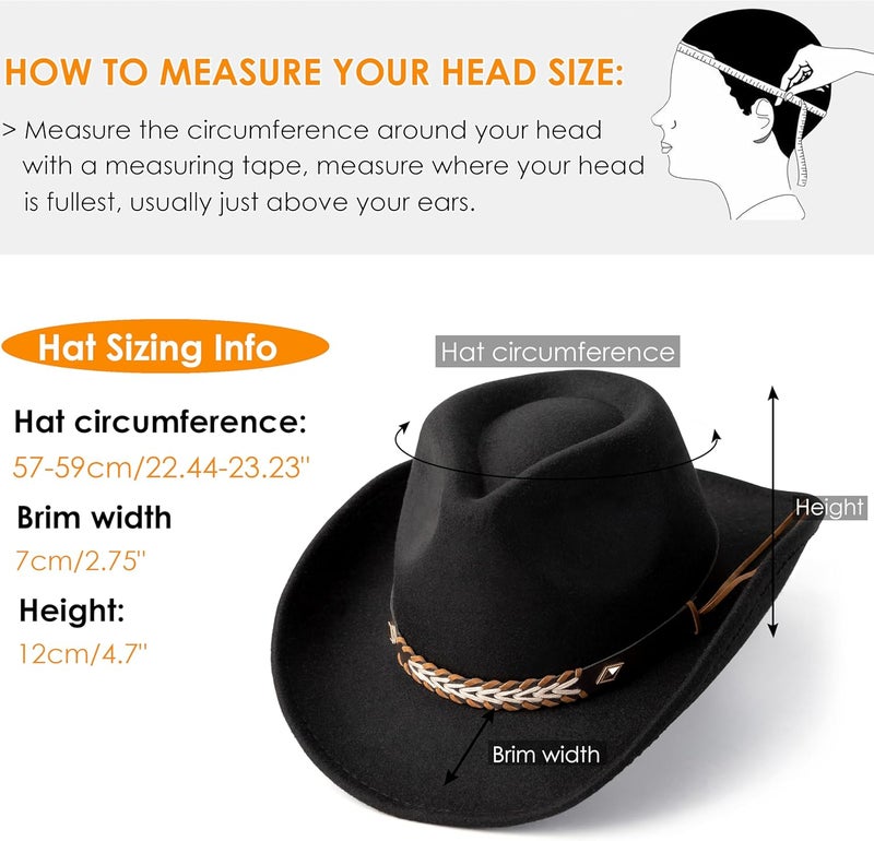 Gossifan Western Cowboy & Cowgirl Hat Felt Wide Brim Women Men Fedora Hats - Image 3